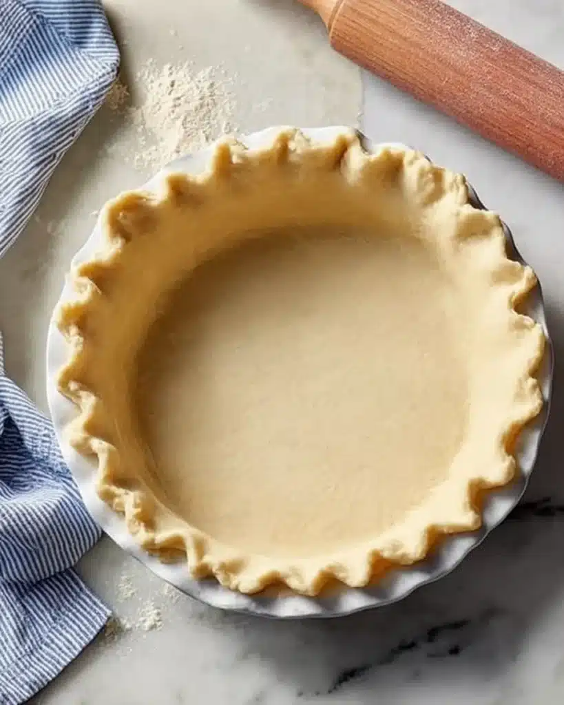 Homemade Pecan Pie Recipe – Flaky Crust, Gooey Filling, and Classic Flavor 2 Unbaked homemade pie crust in a white ceramic dish