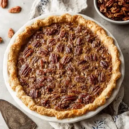 Homemade Pecan Pie Recipe – Flaky Crust, Gooey Filling, and Classic Flavor 5 Homemade pecan pie with golden flaky crust and glossy toasted pecans