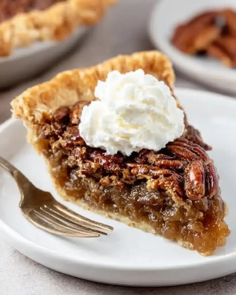 Homemade Pecan Pie Recipe – Flaky Crust, Gooey Filling, and Classic Flavor 4 Slice of homemade pecan pie with whipped cream topping