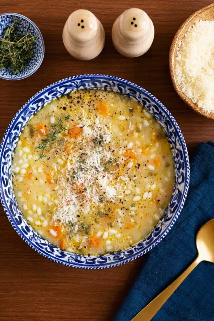 Creamy Italian chicken pastina soup with Parmesan and thyme in patterned bowl