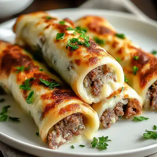 Keto Philly Cheesesteak Roll Ups with melted cheese and beef filling on a white plate