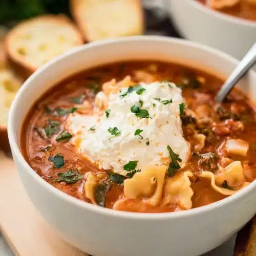 Lasagna soup in white bowl topped with creamy ricotta and parsley