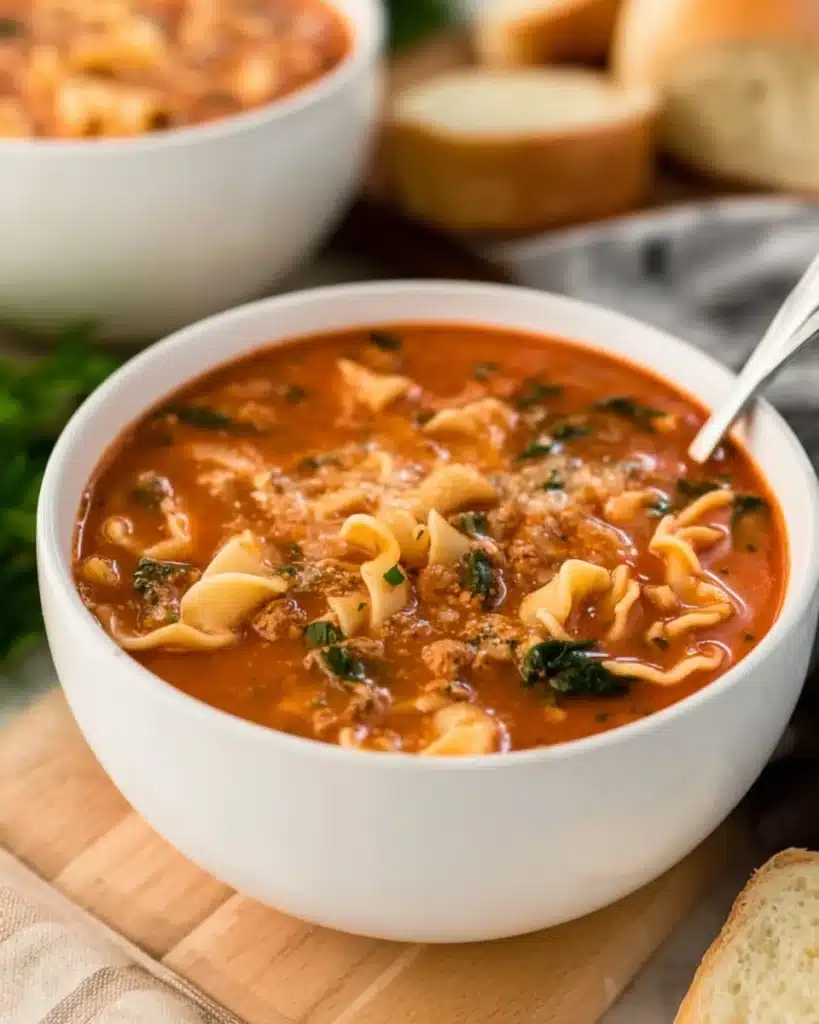 Hearty lasagna soup with noodles, sausage, and tomato broth