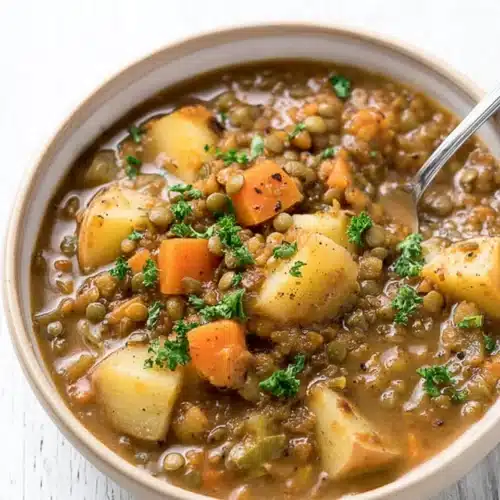 Hearty lentil potato soup with carrots and parsley in a beige bowl