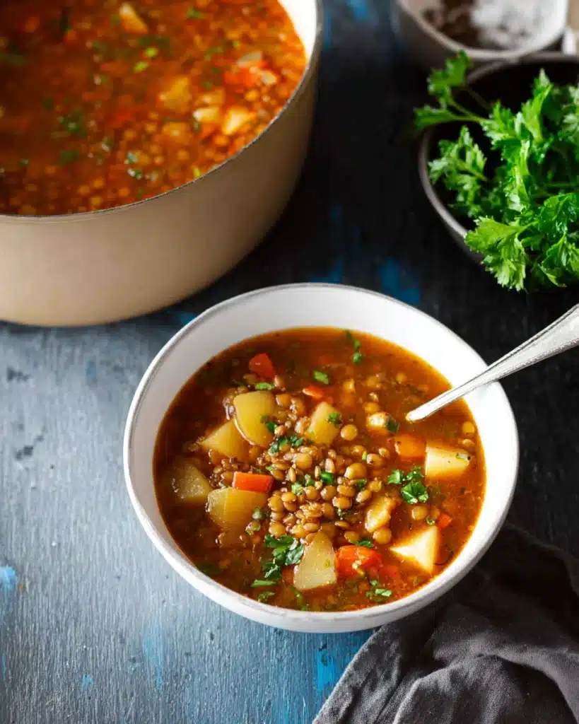 Bowl of hearty lentil potato soup with carrots and parsley