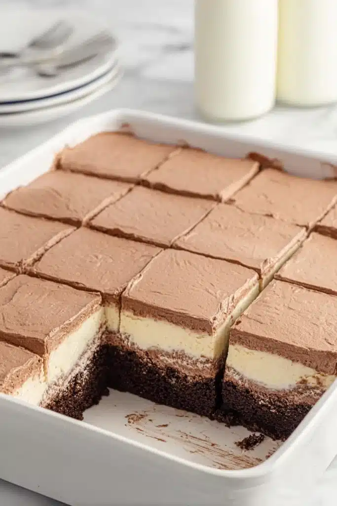 Sliced Italian Love Cake in baking dish with chocolate frosting