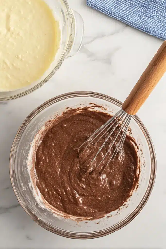 Chocolate cake batter and ricotta mixture in glass bowls for Love Cake recipe