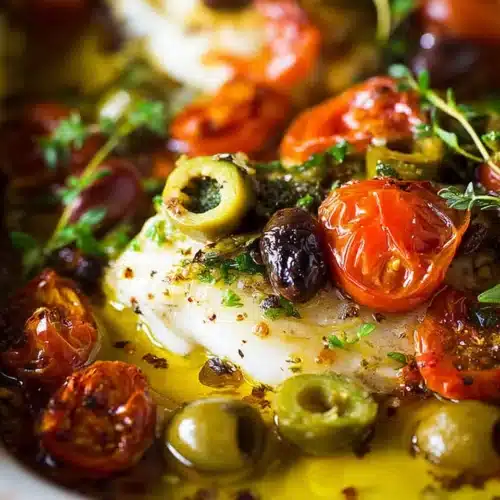 Mediterranean Baked Fish | Easy, Flavorful Dinner Recipe 3 Mediterranean baked fish with tomatoes, olives, jalapeños, and thyme in olive oil