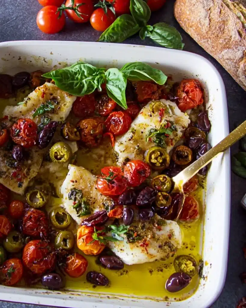 Mediterranean Baked Fish | Easy, Flavorful Dinner Recipe 2 Mediterranean baked fish in olive oil with tomatoes, olives, and basil