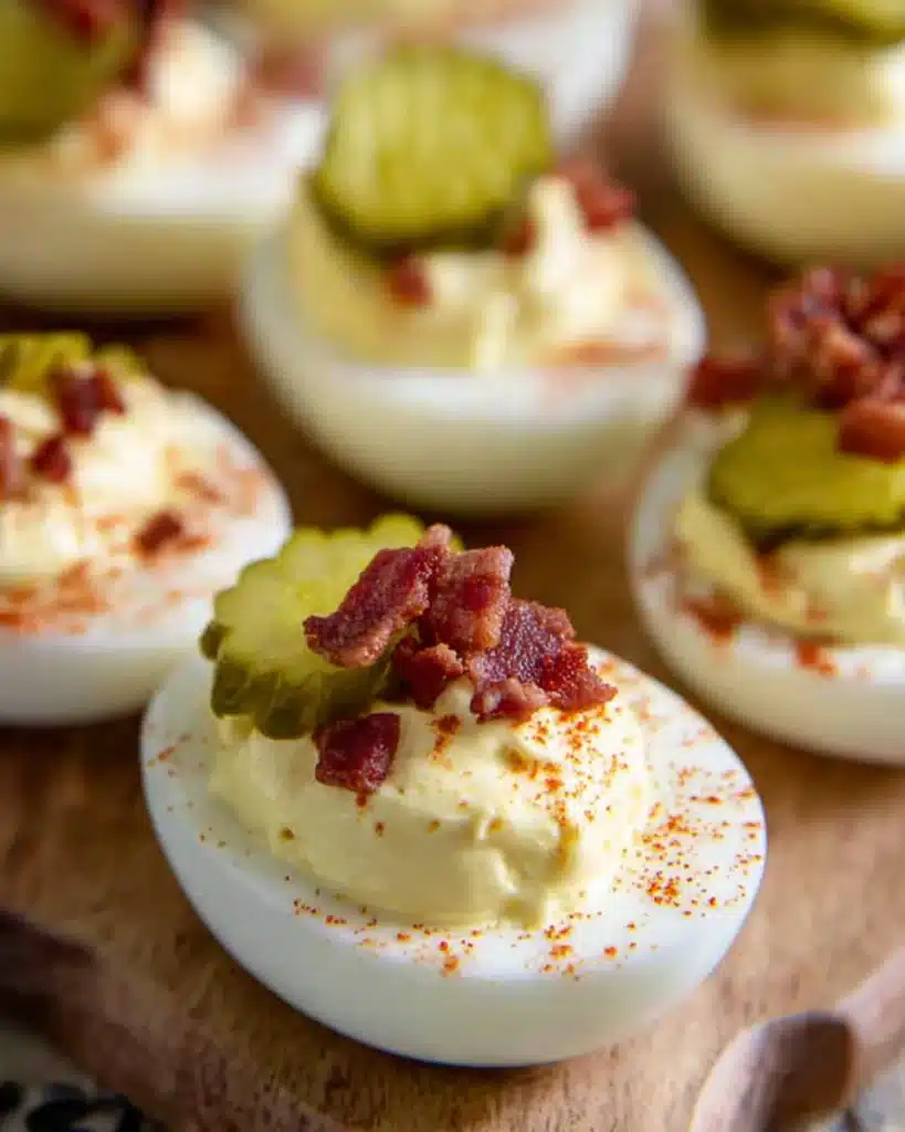 Million Dollar Deviled Eggs topped with bacon and pickle slices