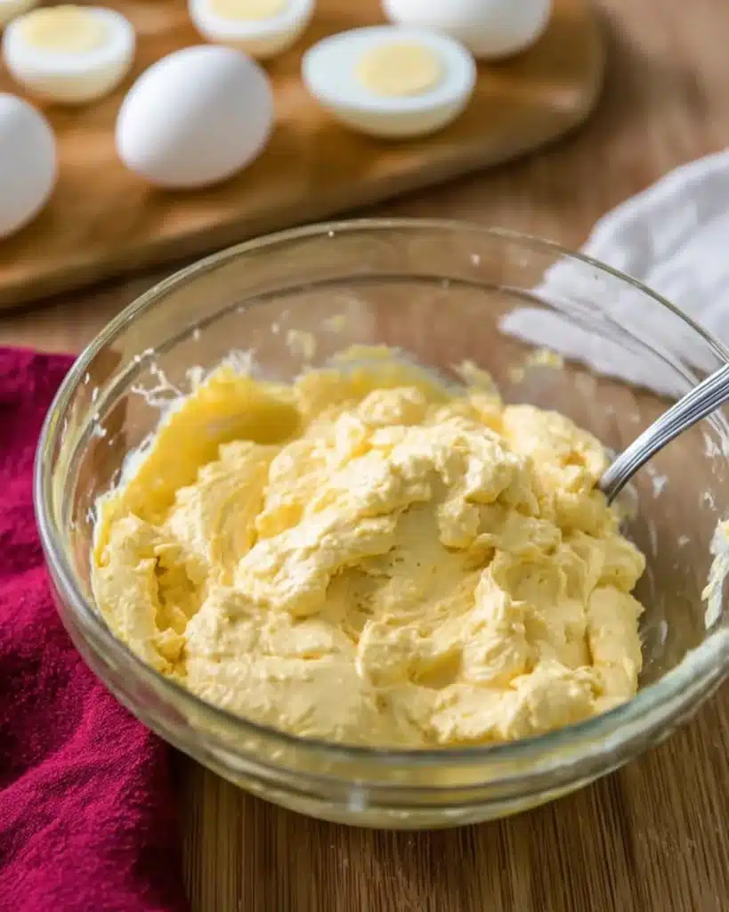 Creamy deviled egg filling in a glass bowl ready to pipe