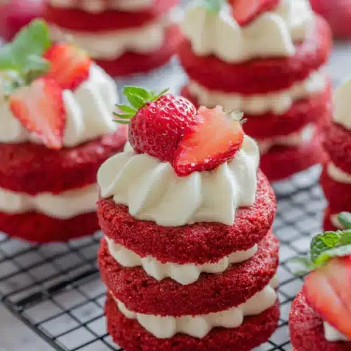 Mini Red Velvet Cakes 4 Mini red velvet cakes with cream cheese frosting and fresh strawberries on a cooling rack