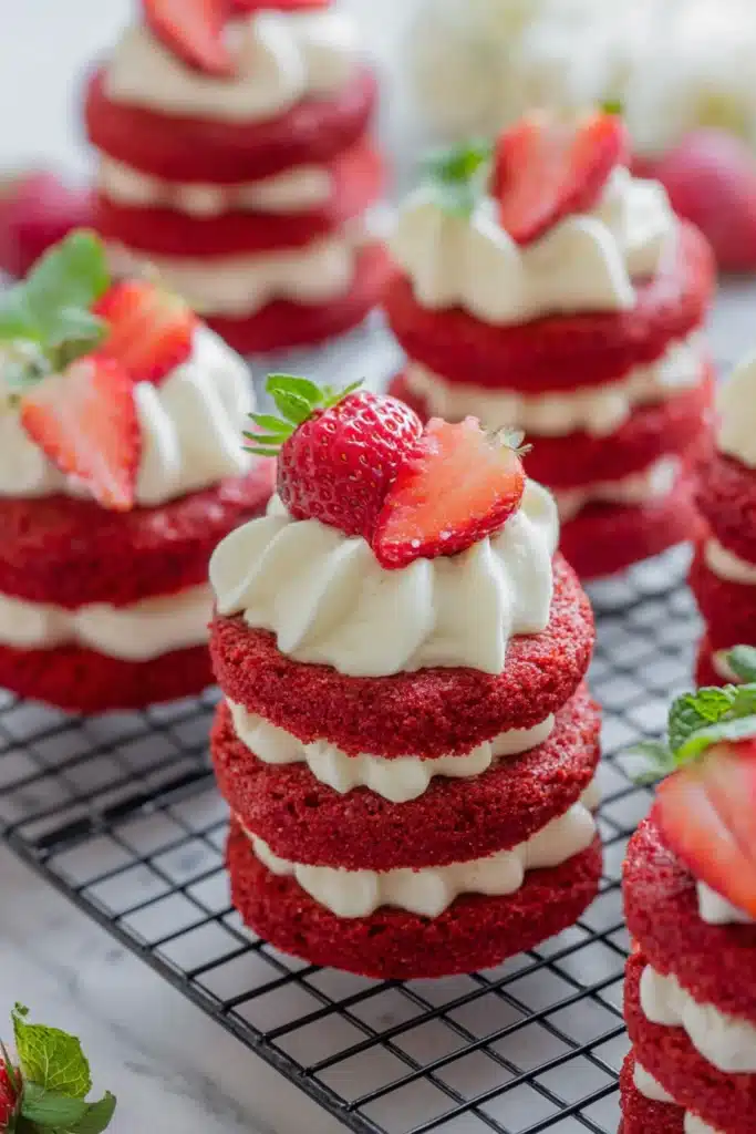 Mini Red Velvet Cakes 1 Mini red velvet cakes with cream cheese frosting and fresh strawberries on a cooling rack