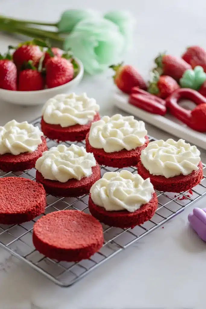 Mini Red Velvet Cakes 2 Mini Red Velvet Cakes layers with cream cheese frosting on a cooling rack