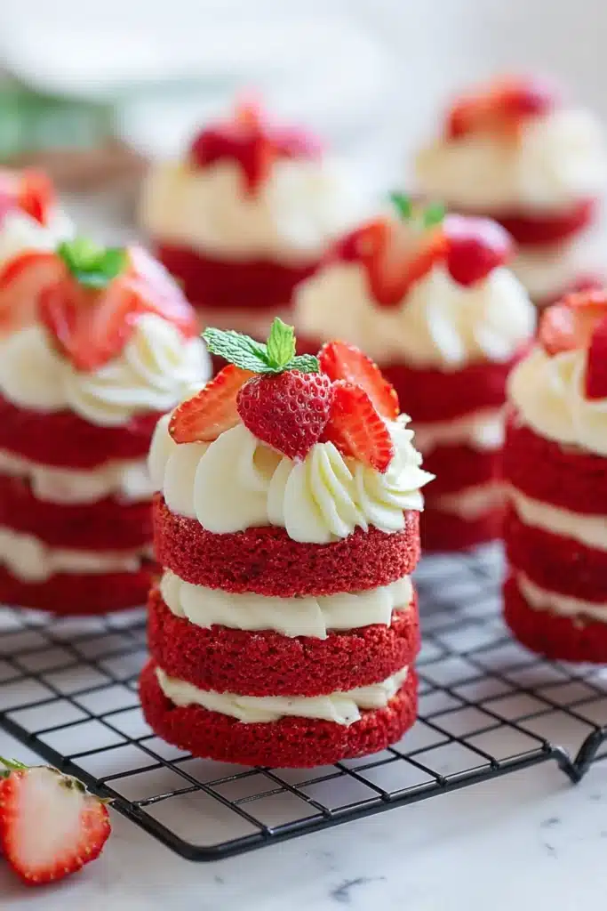 Mini Red Velvet Cakes 3 Mini Red Velvet Cakes with cream cheese frosting and strawberry topping