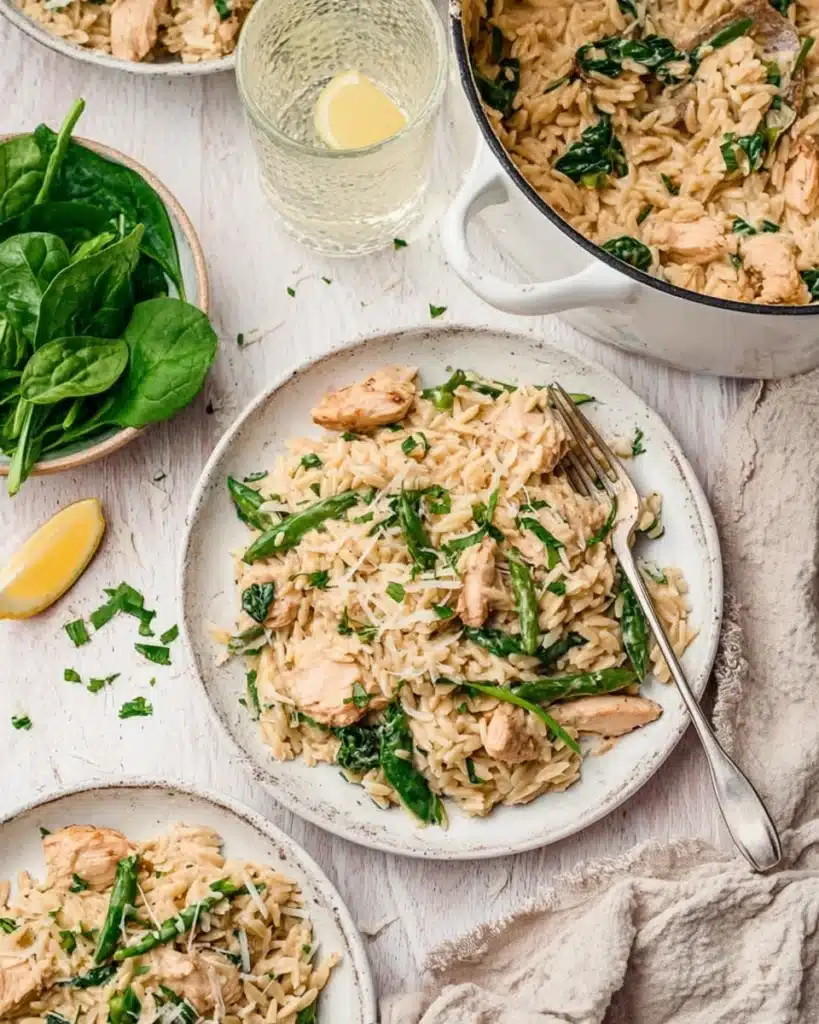 Creamy One Pot Chicken Orzo served on white plate with asparagus and parmesan