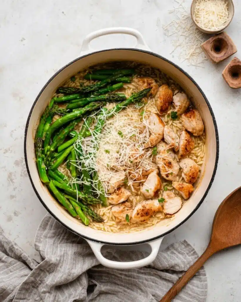 Creamy orzo with chicken, asparagus, and parmesan in a white pot