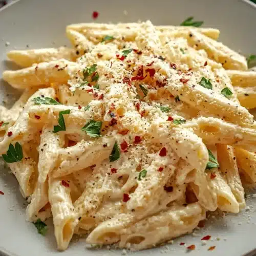 One Pot Creamy Garlic Pasta (Ready in 20 Minutes!) 3 Creamy garlic penne pasta topped with Parmesan and parsley