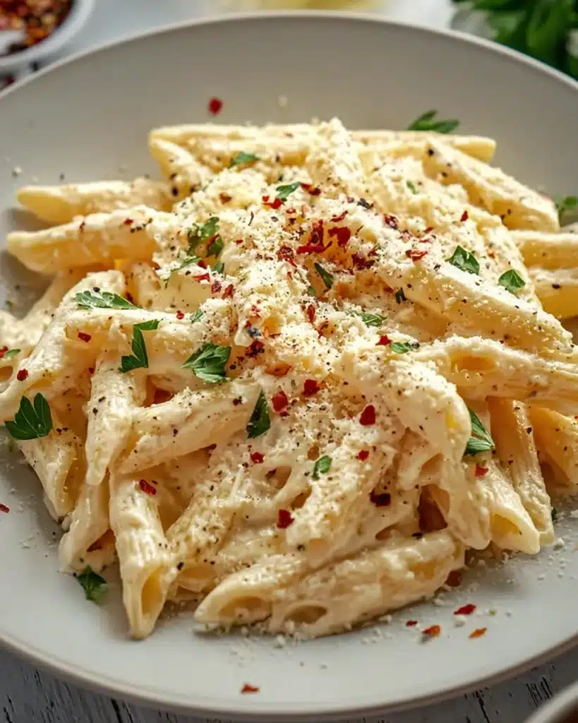 One Pot Creamy Garlic Pasta (Ready in 20 Minutes!) 2 Creamy garlic penne pasta topped with Parmesan and parsley