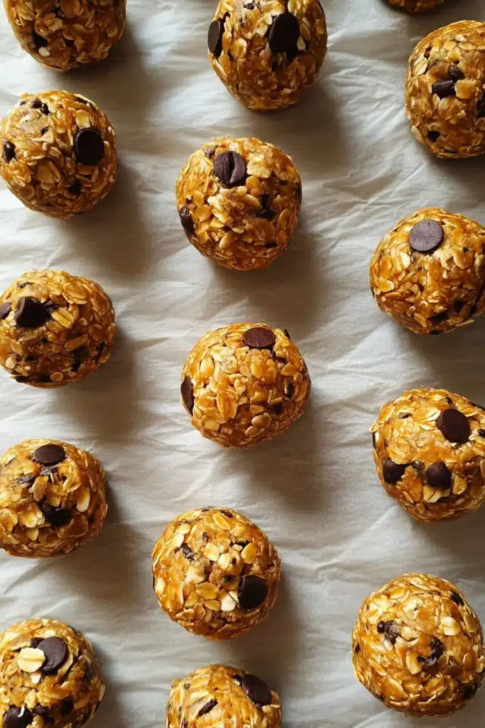 Peanut butter energy bites with oats and chocolate chips on parchment paper