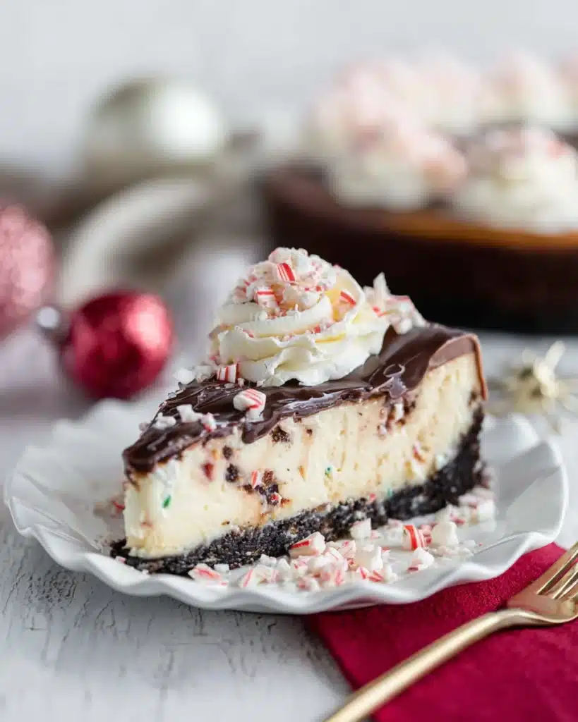 Peppermint Bark Cheesecake 2 Slice of peppermint bark cheesecake with chocolate ganache and whipped cream