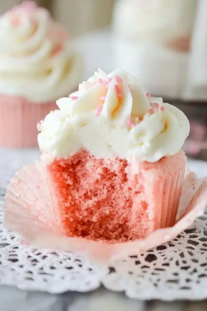 Pink Velvet Cupcakes 3 Bitten pink velvet cupcake with creamy white frosting and pink pearls