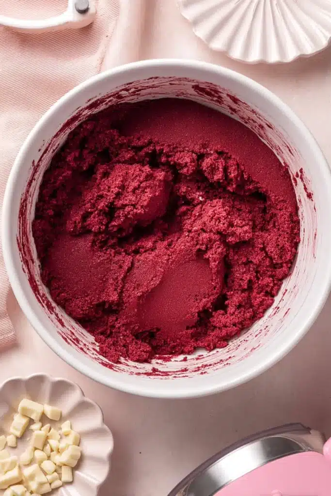 Red velvet cookie dough in a white mixing bowl with pink baking tools