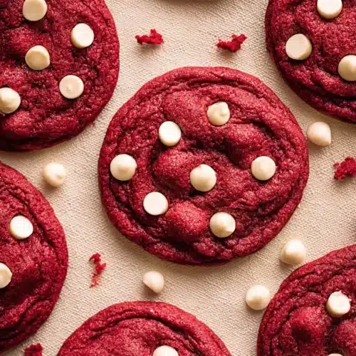 Red velvet cookies with white chocolate chips on a beige surface