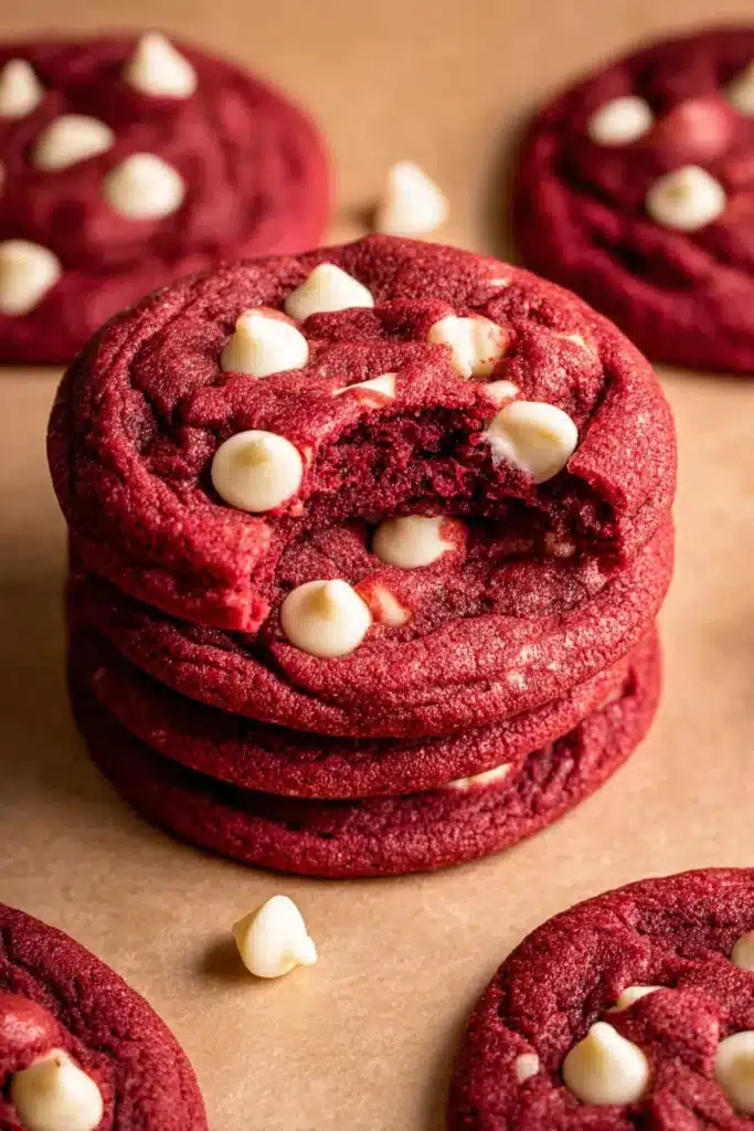 Stack of red velvet cookies with white chocolate chips and a bite taken out
