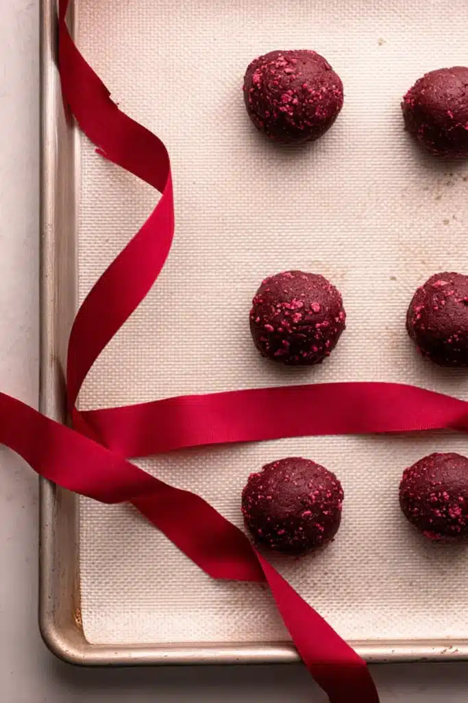 Scooped red velvet cookie dough balls on a baking tray with red ribbon