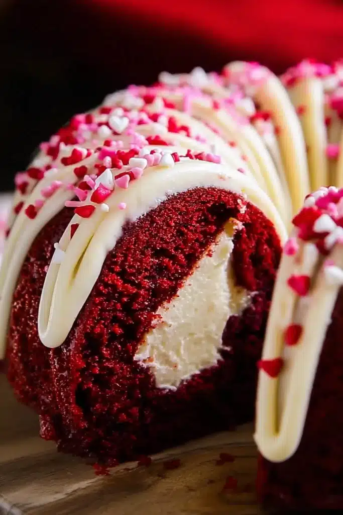 Red Velvet Cream Cheese Bundt Cake (Valentine’s Day Recipe) 2 Red Velvet Cream Cheese Bundt Cake with visible cream cheese swirl and icing drizzle