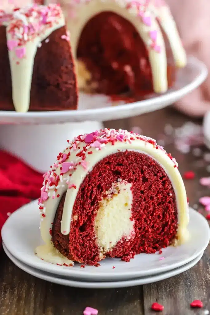 Red Velvet Cream Cheese Bundt Cake (Valentine’s Day Recipe) 3 Red Velvet Cream Cheese Bundt Cake slice with creamy cheesecake center and white icing