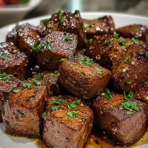 Juicy Roadhouse steak bites with parsley on a white plate