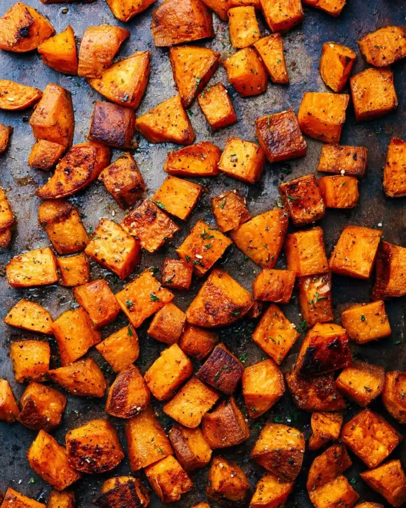 Roasted Sweet Potatoes 1 Crispy roasted sweet potato cubes on a baking sheet with golden caramelized edges