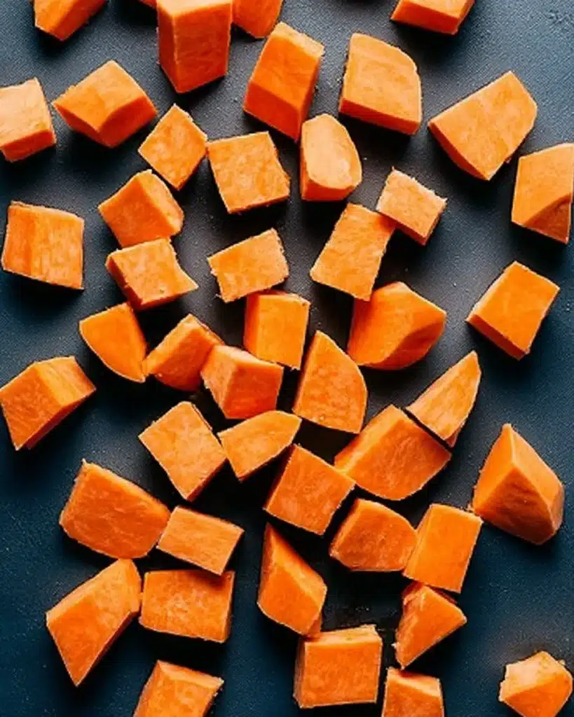 Roasted Sweet Potatoes 2 Cubed raw sweet potatoes on a dark matte surface before roasting