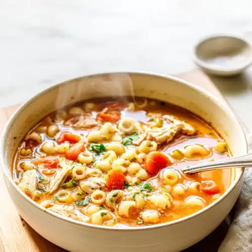 Hearty Sicilian chicken soup with pasta, carrots, and celery in a white bowl