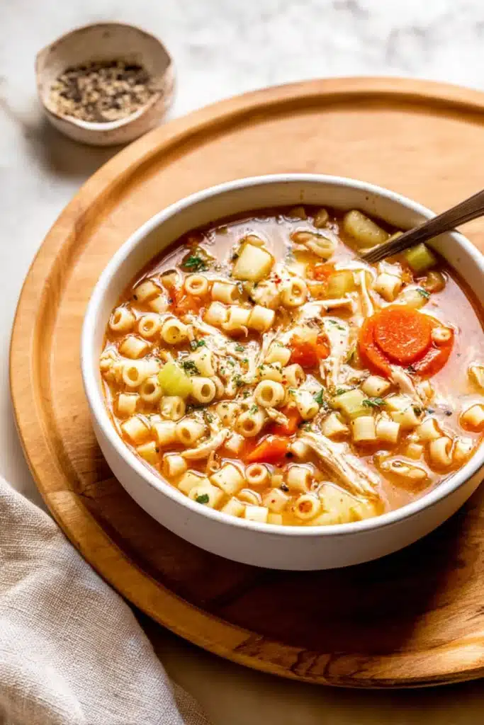 Bowl of Sicilian chicken soup with ditalini pasta, chicken, and vegetables