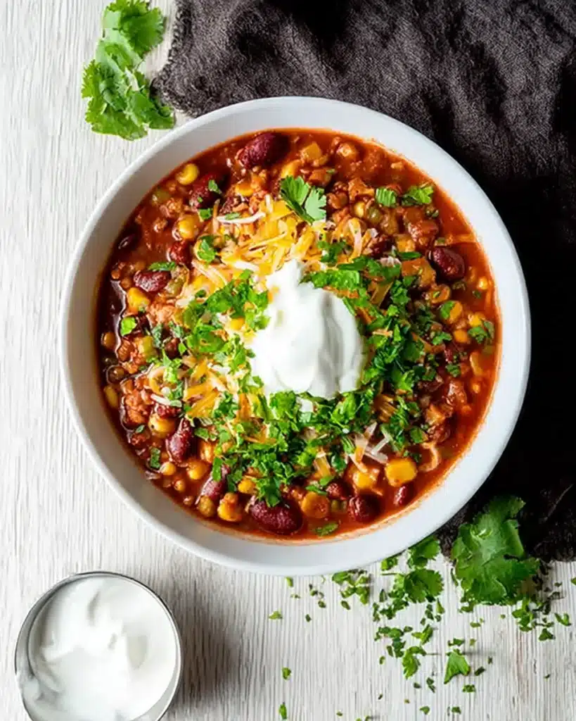 Simple Crockpot Vegetarian Chili Recipe 2 Overhead bowl of simple crockpot vegetarian chili topped with cheese and sour cream