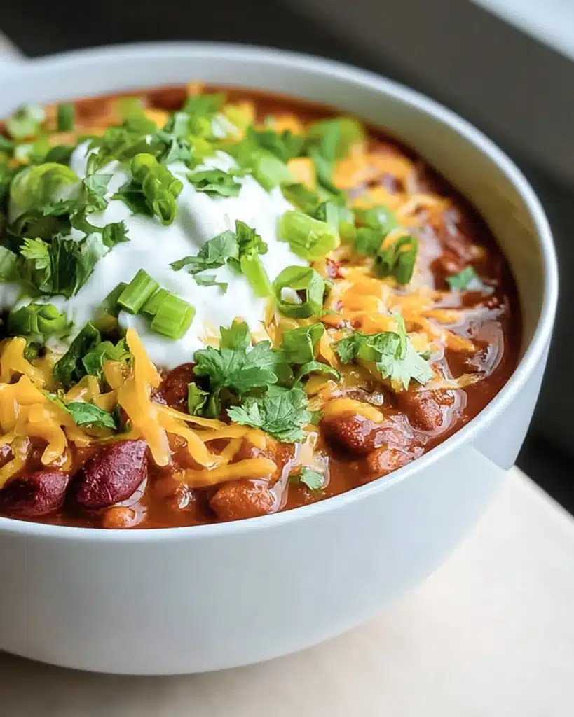 Simple Crockpot Vegetarian Chili Recipe 1 Close-up of creamy vegetarian chili topped with melted cheese, sour cream, and fresh herbs. The warm colors and hearty texture make this slow cooker chili look irresistibly comforting.
