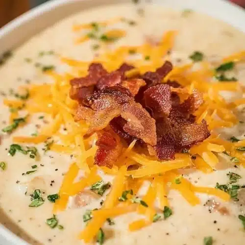 Creamy Slow Cooker Crack Potato Soup in a white bowl