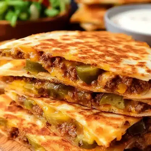 Stacked Smashburger quesadillas with melted cheese and beef on a wooden board