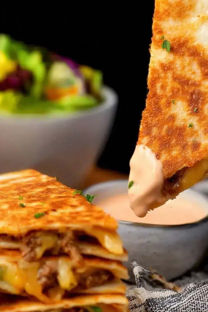 Crispy Smashburger quesadilla dipped in creamy special sauce