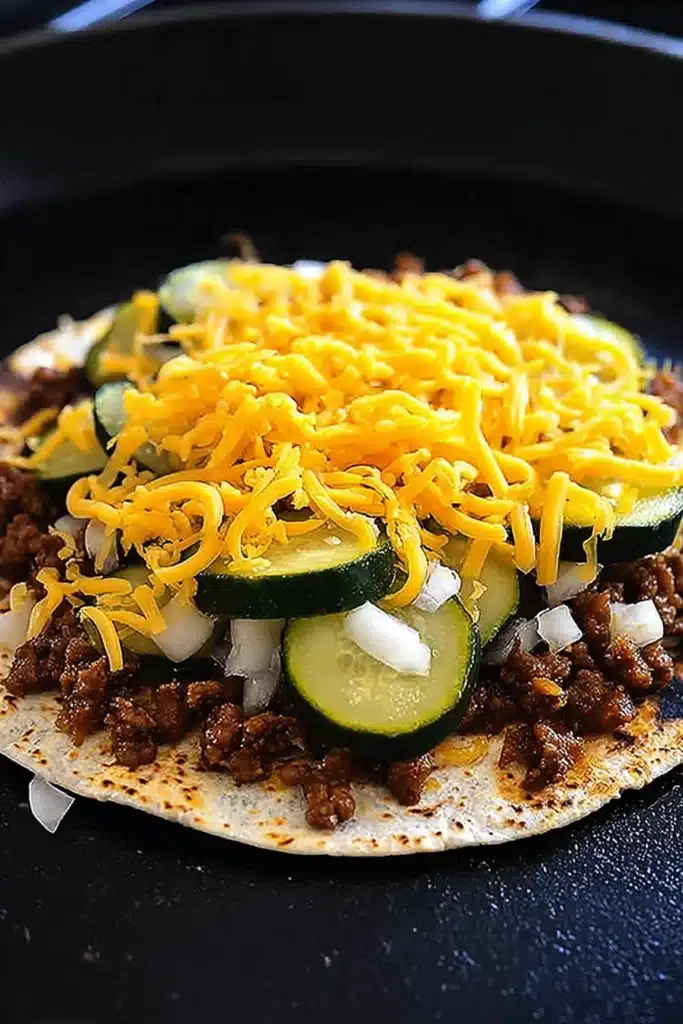 Smashburger quesadilla topped with beef, pickles, onions, and shredded cheese on skillet