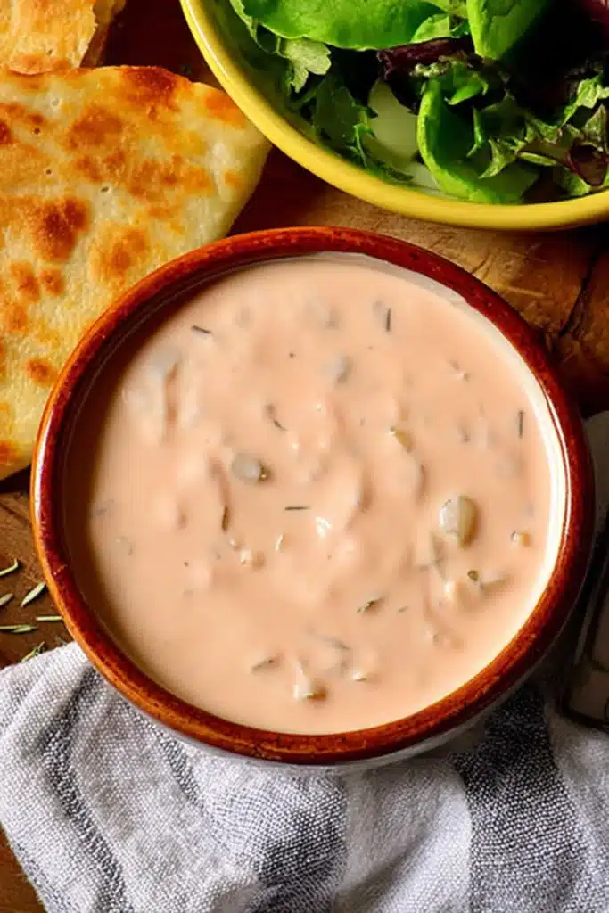 Creamy Smashburger special sauce in a ceramic bowl with salad and quesadilla