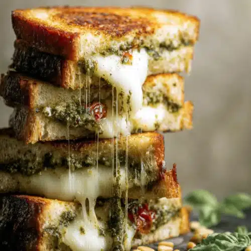 Sourdough Pesto Grilled Cheese 3 Gooey sourdough pesto grilled cheese stack with melted mozzarella and crispy bread
