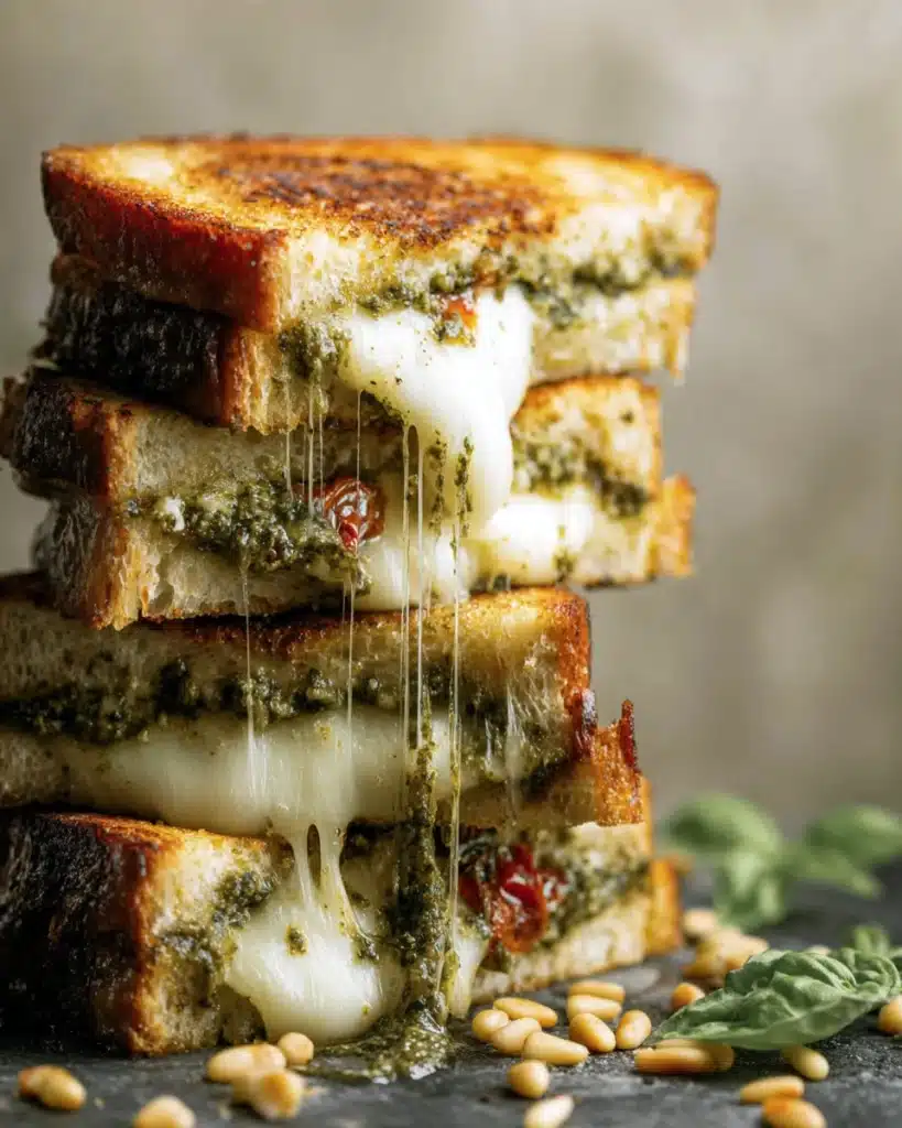 Sourdough Pesto Grilled Cheese 1 Gooey sourdough pesto grilled cheese stack with melted mozzarella and crispy bread