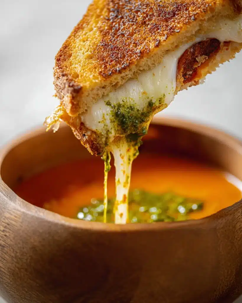 Sourdough Pesto Grilled Cheese 2 Sourdough pesto grilled cheese dipped in tomato soup with melted mozzarella