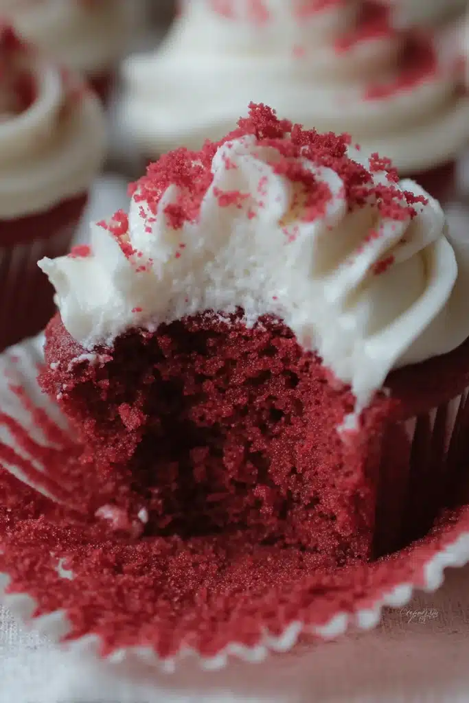 Sourdough Red Velvet Cupcakes 3 Close-up of bitten sourdough red velvet cupcake with creamy frosting
