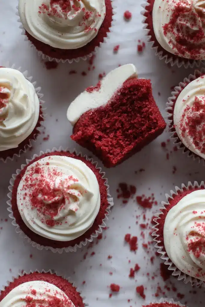 Sourdough Red Velvet Cupcakes 2 Red velvet sourdough cupcakes with frosting and red crumbs top view