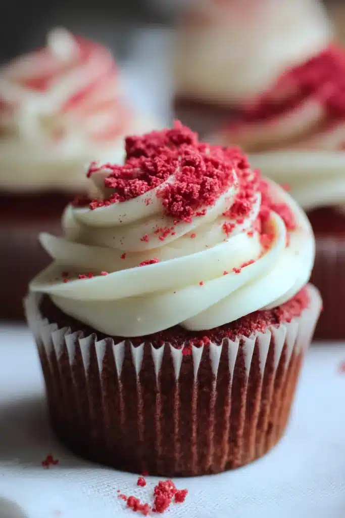 Sourdough Red Velvet Cupcakes 1 Red velvet cupcake with creamy frosting and red crumbs for Valentine’s Day